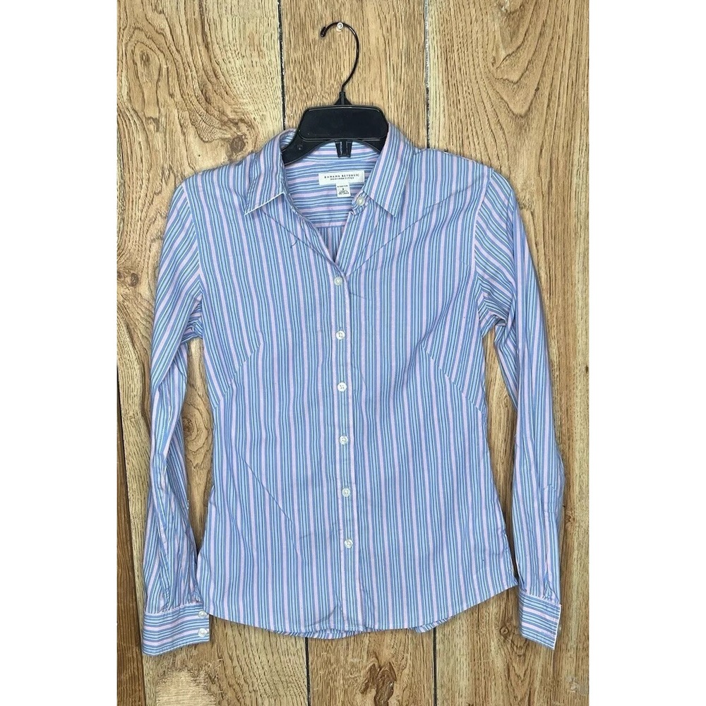 Banana Republic Men Button Down Shirt Stretch NonIron Size2 Stripe Blue Red/Pink